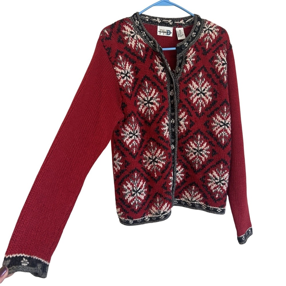 Vtg PHD Sweater Cardigan Sz M Embroidered Red Snowflake Wool Ramie Blend